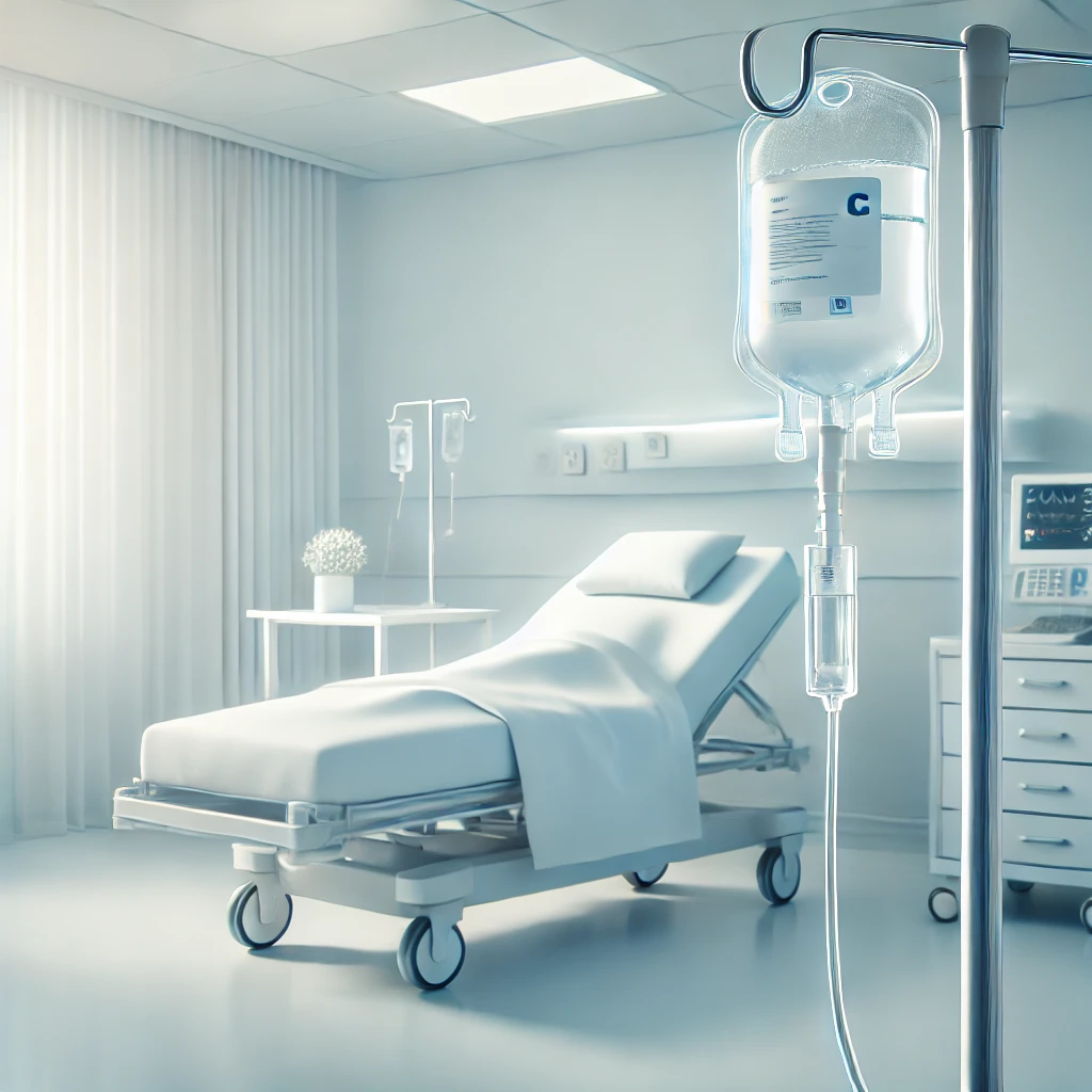 DALL%C2%B7E 2024 10 21 20.52.39 A clean professional medical style image showing a hospital scene with a patient receiving intravenous vitamin C infusion. The focus is on the IV bag