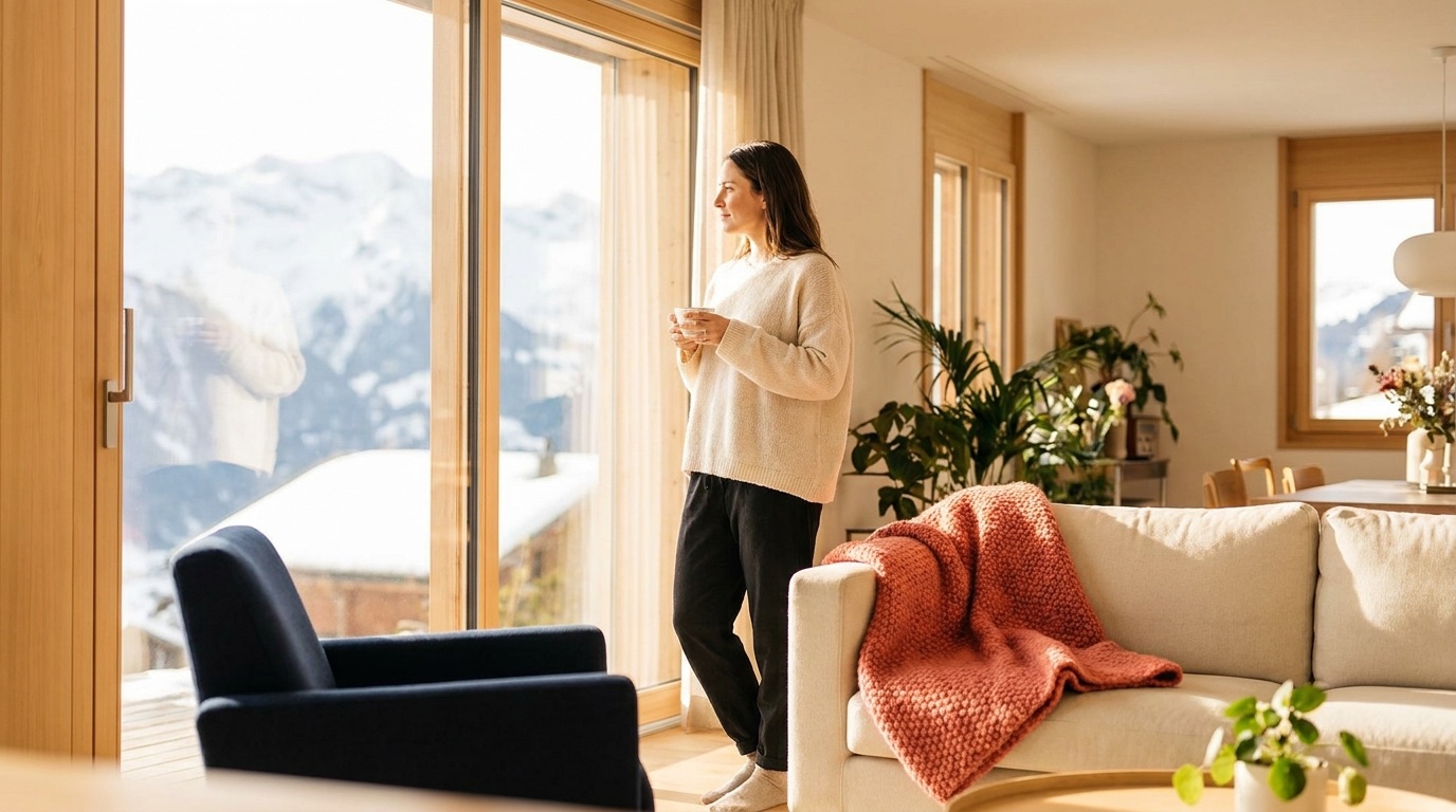 Femme fatiguée au repos à domicile en Suisse, avant un bilan sanguin